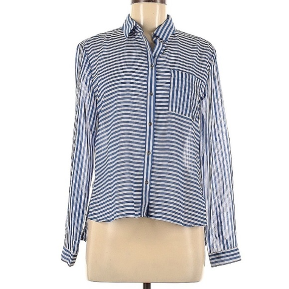 Blue and white striped long sleeve button down blouse - Picture 1 of 3
